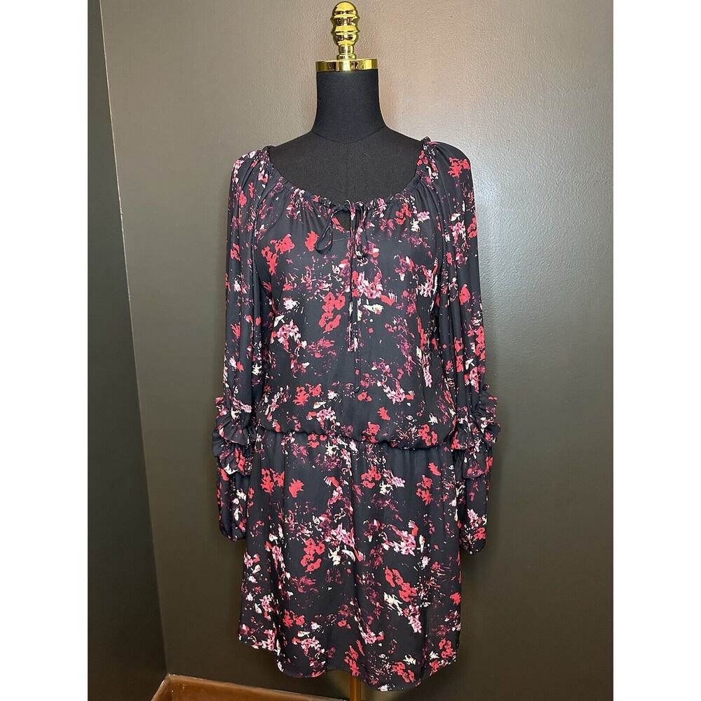 Parker Black Long Sleeve Tiered Ruffle Dress Red White Floral XS Extra Small